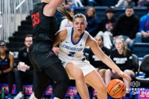 Creighton Bluejay Kennedy Townsend heading to the bucket during a basketball game at Sokol Arena on Saturday, January 18, 2025, in Omaha, Nebraska. Photo by Collin Stilen.