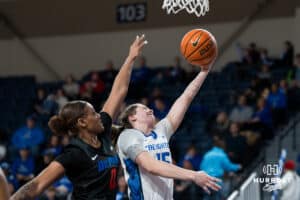 Creighton Bluejay Lauren Jensen heading for a layup during a basketball game at Sokol Arena on Saturday, January 18, 2025, in Omaha, Nebraska. Photo by Collin Stilen.