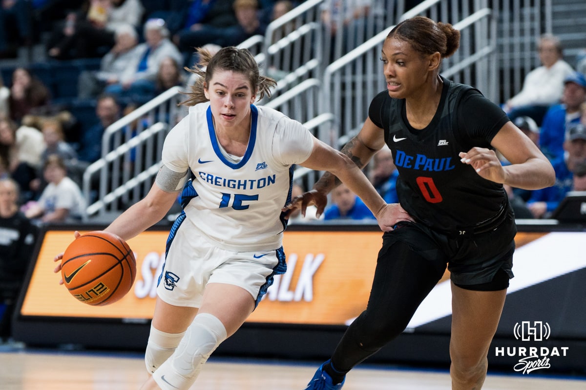 Creighton Bluejay Lauren Jensen drives to the lane on DePaul during a basketball game at Sokol Arena on Saturday, January 18, 2025, in Omaha, Nebraska. Photo by Collin Stilen.