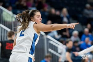 Creighton Bluejay Kennedy Townsend celebrates a three pointer during a basketball game at Sokol Arena on Saturday, January 18, 2025, in Omaha, Nebraska. Photo by Collin Stilen.