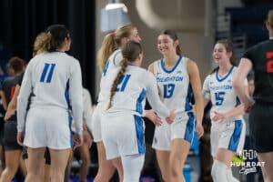 Creighton Bluejay Allison Heathcock celebrates with her team after a good performance during a basketball game at Sokol Arena on Saturday, January 18, 2025, in Omaha, Nebraska. Photo by Collin Stilen.