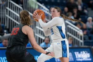 Creighton Bluejay Molly Mogensen looking for a pass during a basketball game at Sokol Arena on Saturday, January 18, 2025, in Omaha, Nebraska. Photo by Collin Stilen.