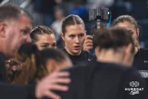 Creighton Bluejay Morgan Maly listening to a pregame speech during a basketball game at Sokol Arena on Saturday, January 18, 2025, in Omaha, Nebraska. Photo by Collin Stilen.