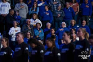 Creighton Bluejay fans during the national anthem during a basketball game at Sokol Arena on Saturday, January 18, 2025, in Omaha, Nebraska. Photo by Collin Stilen.