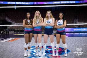 Supernovas, and former Nebraska players, Kaitlyn Hord (23), Ally Batenhorst (14), Lindsay Krause (22), and Kayla Caffey (28) during the Supernovas Media Day, Monday, January 6, 2025, in Omaha, Nebraska. Photo by John S. Peterson.