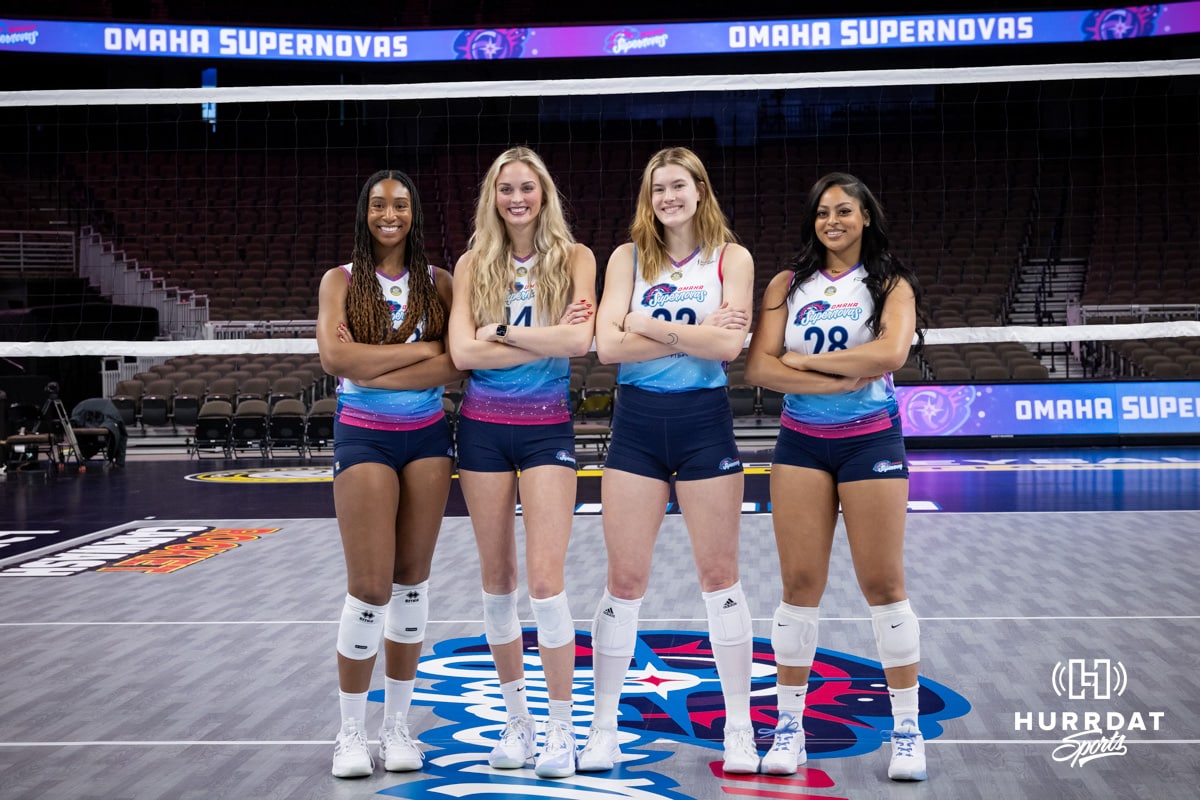 Supernovas, and former Nebraska players, Kaitlyn Hord (23), Ally Batenhorst (14), Lindsay Krause (22), and Kayla Caffey (28) during the Supernovas Media Day, Monday, January 6, 2025, in Omaha, Nebraska. Photo by John S. Peterson.