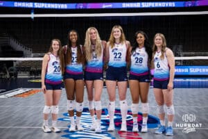 Supernovas, and former Nebraska and Creighton players, Allison Whitten (20), Kaitlyn Hord (23), Ally Batenhorst (14), Lindsay Krause (22), Kayla Caffey (28), and Kendra Wait (6) during the Supernovas Media Day, Monday, January 6, 2025, in Omaha, Nebraska. Photo by John S. Peterson.