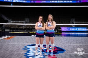 Supernovas, and former Creighton players, Allison Whitten (20), and Kendra Wait (6) during the Supernovas Media Day, Monday, January 6, 2025, in Omaha, Nebraska. Photo by John S. Peterson.