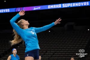 Supernovas outside hitter Brooke Nuneviller (5) prepares to spike the ball during the Supernovas Media Day, Monday, January 6, 2025, in Omaha, Nebraska. Photo by John S. Peterson.