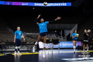 Supernovas opposite hitter Kelsie Payne (11) serves the ball during the Supernovas Media Day, Monday, January 6, 2025, in Omaha, Nebraska. Photo by John S. Peterson.