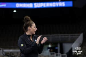 Supernovas head coach Laura "Bird" Kuhn watching practice during the Supernovas Media Day, Monday, January 6, 2025, in Omaha, Nebraska. Photo by John S. Peterson.