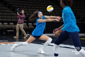 Supernovas outside hitter Valeria Vazquez Gomez (4) digs the ball during the Supernovas Media Day, Monday, January 6, 2025, in Omaha, Nebraska. Photo by John S. Peterson.