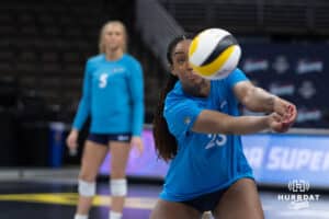 Supernovas middle blocker Kaitlyn Hord (23) digs the ball during the Supernovas Media Day, Monday, January 6, 2025, in Omaha, Nebraska. Photo by John S. Peterson.