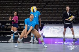 Supernovas middle blocker Kayla Caffey (28) digs the ball during the Supernovas Media Day, Monday, January 6, 2025, in Omaha, Nebraska. Photo by John S. Peterson.