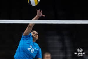 Supernovas middle blocker Kayla Caffey (28) spikes the ball during the Supernovas Media Day, Monday, January 6, 2025, in Omaha, Nebraska. Photo by John S. Peterson.