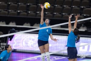 Supernovas outside hitter Valeria Vazquez Gomez (4) spikes the ball against setter Natalia Valentin-Anderson (1) during the Supernovas Media Day, Monday, January 6, 2025, in Omaha, Nebraska. Photo by John S. Peterson.