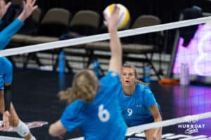 Supernovas setter Mac Podraza (9) readies for a spike from setter Kendra Wait (6) during the Supernovas Media Day, Monday, January 6, 2025, in Omaha, Nebraska. Photo by John S. Peterson.