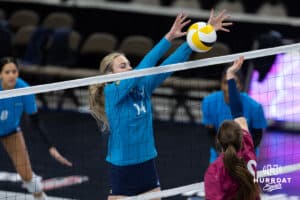 Supernovas outside hitter Ally Batenhorst (14) block the ball against libero Camila Gomez (10) during the Supernovas Media Day, Monday, January 6, 2025, in Omaha, Nebraska. Photo by John S. Peterson.