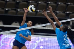 Supernovas middle blocker Kaitlyn Hord (23) spikes the ball against middle blocker Toyosi Onabanjo (21) during the Supernovas Media Day, Monday, January 6, 2025, in Omaha, Nebraska. Photo by John S. Peterson.