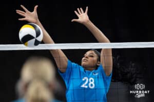 Supernovas middle blocker Kayla Caffey (28) blocks the ball during the Supernovas Media Day, Monday, January 6, 2025, in Omaha, Nebraska. Photo by John S. Peterson.