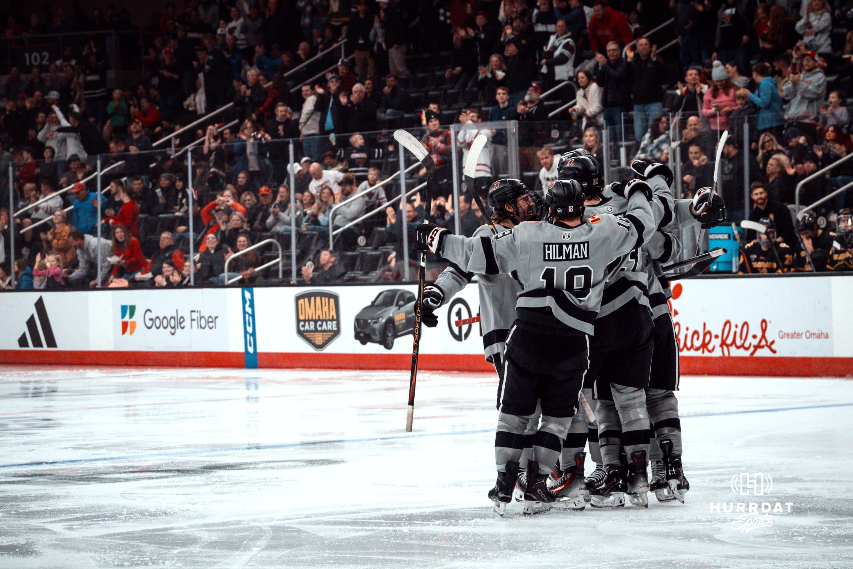 UNO Mavericks players celebrate a goal during a college hockey game on Jan 11th, 2025 in Omaha, Nebraska. Photo by Logan Hock