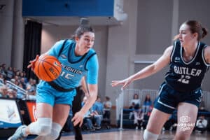 Creighton Bluejays Lauren Jensen advances to the hoop against the Butler Bulldogs during a college basketball game on Wednesday, January 1, 2025 in Omaha, Nebraska. Photo by Logan Hock.