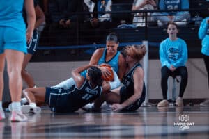 Creighton Bluejays Jayme Horan fights for the ball against the Butler Bulldogs during a college basketball game on Wednesday, January 1, 2025 in Omaha, Nebraska. Photo by Logan Hock.