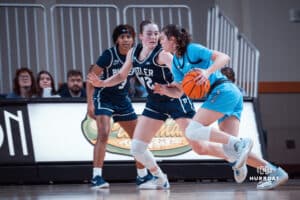 Creighton Bluejays Lauren Jensen advances to the hoop against the Butler Bulldogs during a college basketball game on Wednesday, January 1, 2025 in Omaha, Nebraska. Photo by Logan Hock.