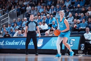 Creighton Bluejays Morgan Maly prepares to take a shot against the Butler Bulldogs during a college basketball game on Wednesday, January 1, 2025 in Omaha, Nebraska. Photo by Logan Hock.