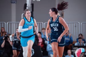 Creighton Bluejays Morgan Maly runs down the court against the Butler Bulldogs during a college basketball game on Wednesday, January 1, 2025 in Omaha, Nebraska. Photo by Logan Hock.