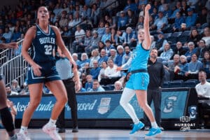 Creighton Bluejays Morgan Maly takes a shot against the Butler Bulldogs during a college basketball game on Wednesday, January 1, 2025 in Omaha, Nebraska. Photo by Logan Hock.