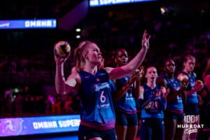 Omaha Supernovas Kendra Wait (6) throws a mini-volleyball when introduced before taking on Columbus Fury during a professional volleyball match, Friday, January 31, 2025, in Omaha, Nebraska. Photo by John S. Peterson.