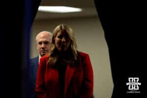 The new Nebraska head volleyballl coach Dani Busboom ready to walk out to the stage for the Welcome to Dani Busboom-Kelly Celebration event Thursday, February 6, 2025 in Lincoln, Nebraska. Photo by John S. Peterson.