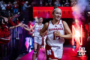 Nebraska Cornhuskers guard Callin Hake (14) leads the Husker out to take on the Michigan Wolverines during a college women’s basketball game on Wednesday, February 6, 2025 in Lincoln, Nebraska. Photo by John S. Peterson.