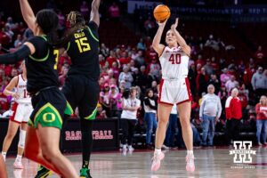 Nebraska Cornhusker center Alexis Markowski (40) makes a three-point shot against the Oregon Ducks in the first quarter during a college women’s basketball game Wednesday, February 19, 2025 in Lincoln, Nebraska. Photo by John S. Peterson.