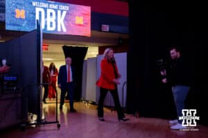 The new Nebraska head volleyballl coach Dani Busboom walks out to the stage for the Welcome to Dani Busboom-Kelly Celebration event Thursday, February 6, 2025 in Lincoln, Nebraska. Photo by John S. Peterson.