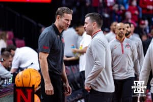 Nebraska Cornhusker head coach Fred Hoiberg talks to Ohio State Buckeye head coach Jake Diebler before the start of a college men’s basketball game on Sunday, February 9, 2025, in Lincoln, Nebraska. Photo by John S. Peterson.