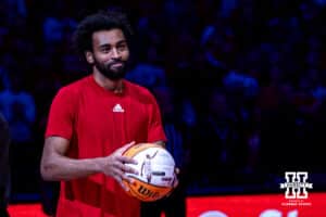 Nebraska Cornhusker guard Brice Williams (3) recognized for 4000 career point before a college men’s basketball game against the Ohio State Buckeyes on Sunday, February 9, 2025, in Lincoln, Nebraska. Photo by John S. Peterson.