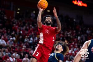 Nebraska Cornhusker guard Brice Williams (3) makes a layup against the Michigan Wolverines in the first half during a college men’s basketball game Monday, February 24, 2025 in Lincoln, Nebraska. Photo by John S. Peterson.