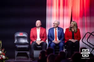 Nebraska athlete director Troy Dannon, Nebraska President Dr. Jeffery Gold, and head volleyball coach Dani Busboom listening to Kristen Brown for the Welcome to Dani Busboom-Kelly Celebration event Thursday, February 6, 2025 in Lincoln, Nebraska. Photo by John S. Peterson.