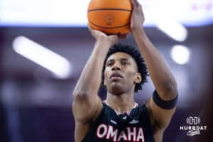 Omaha Mavericks forward Marquel Sutton (10) shoots a free throw against the South Dakota Coyotes during a college basketball game, Wednesday, January 29, 2025, in Vermillion, South Dakota. Photo by John S. Peterson.