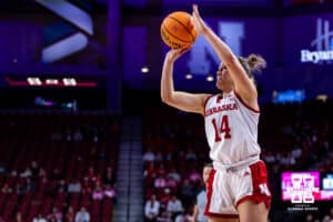 Nebraska Cornhusker guard Callin Hake (14) makes a three-point shot against the Oregon Ducks in the first quarter during a college women’s basketball game Wednesday, February 19, 2025 in Lincoln, Nebraska. Photo by John S. Peterson.