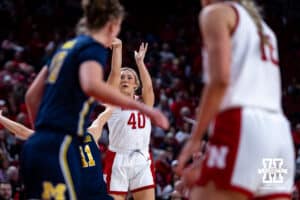 Nebraska Cornhuskers center Alexis Markowski (40) makes three-point shot against the Michigan Wolverines in the first quarter during a college women’s basketball game on Wednesday, February 6, 2025 in Lincoln, Nebraska. Photo by John S. Peterson.