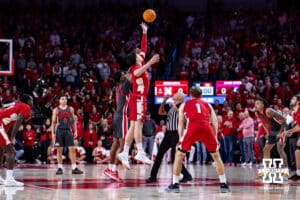 Nebraska Cornhusker forward Berke Buyuktuncel (9) gets the tip off against Ohio State Buckeye forward Sean Stewart (13) during a college men’s basketball game on Sunday, February 9, 2025, in Lincoln, Nebraska. Photo by John S. Peterson.