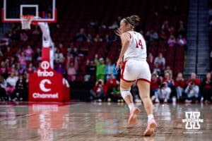 Nebraska Cornhusker guard Callin Hake (14) celebrates making a three-point shot agains the Oregon Ducks in the first quarter during a college women’s basketball game Wednesday, February 19, 2025 in Lincoln, Nebraska. Photo by John S. Peterson.