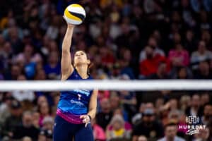 Omaha Supernovas Natalia Valentin-Anderson (1) spikes the ball against the Columbus Fury during a professional volleyball match, Friday, January 31, 2025, in Omaha, Nebraska. Photo by John S. Peterson