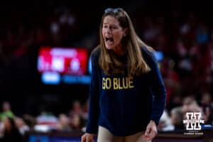 Michigan Wolverines head coach Kim Barnes Arico reacts to the action on the court against the Nebraska Cornhuskers in the first quarter during a college women’s basketball game on Wednesday, February 6, 2025 in Lincoln, Nebraska. Photo by John S. Peterson.