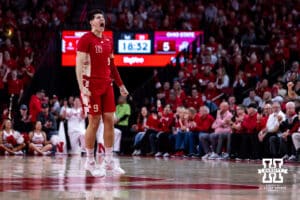 Nebraska Cornhusker forward Berke Buyuktuncel (9) celebrates an early basket against the Ohio State Buckeyes in the first half during a college men’s basketball game on Sunday, February 9, 2025, in Lincoln, Nebraska. Photo by John S. Peterson.