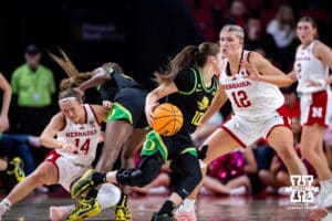 Nebraska Cornhusker forward Jessica Petrie (12) guards Oregon Duck guard Peyton Scott (10) in the second quarter during a college women’s basketball game Wednesday, February 19, 2025 in Lincoln, Nebraska. Photo by John S. Peterson.