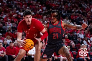 Nebraska Cornhusker forward Berke Buyuktuncel (9) dribbles the ball against Ohio State Buckeye forward Devin Royal (21) in the first half during a college men’s basketball game on Sunday, February 9, 2025, in Lincoln, Nebraska. Photo by John S. Peterson.